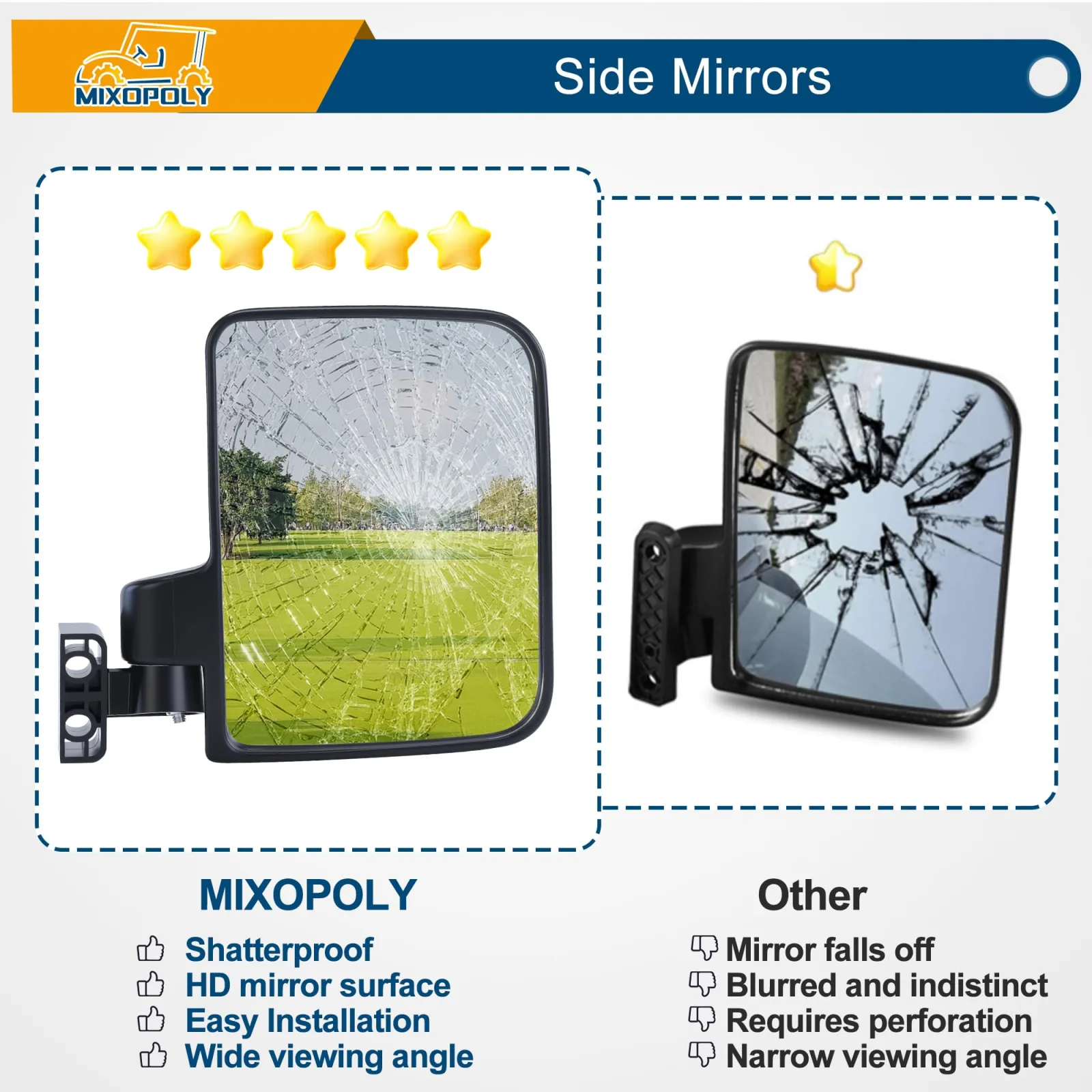 Mixopoly Universal Golf Cart Side Mirrors for Yamaha, Club Car & E-Z-GO image 3