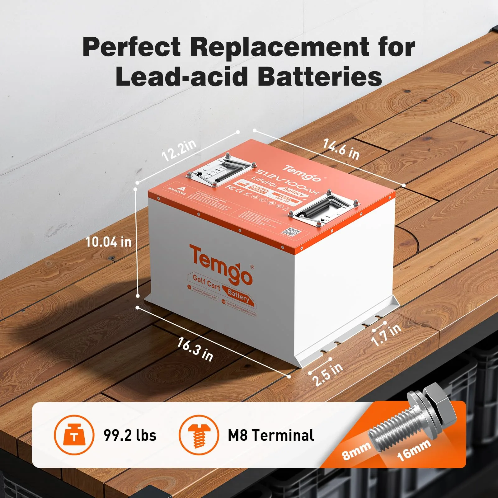 TEMGO 51.2V 100Ah LiFePO4 Golf Cart Battery image 2