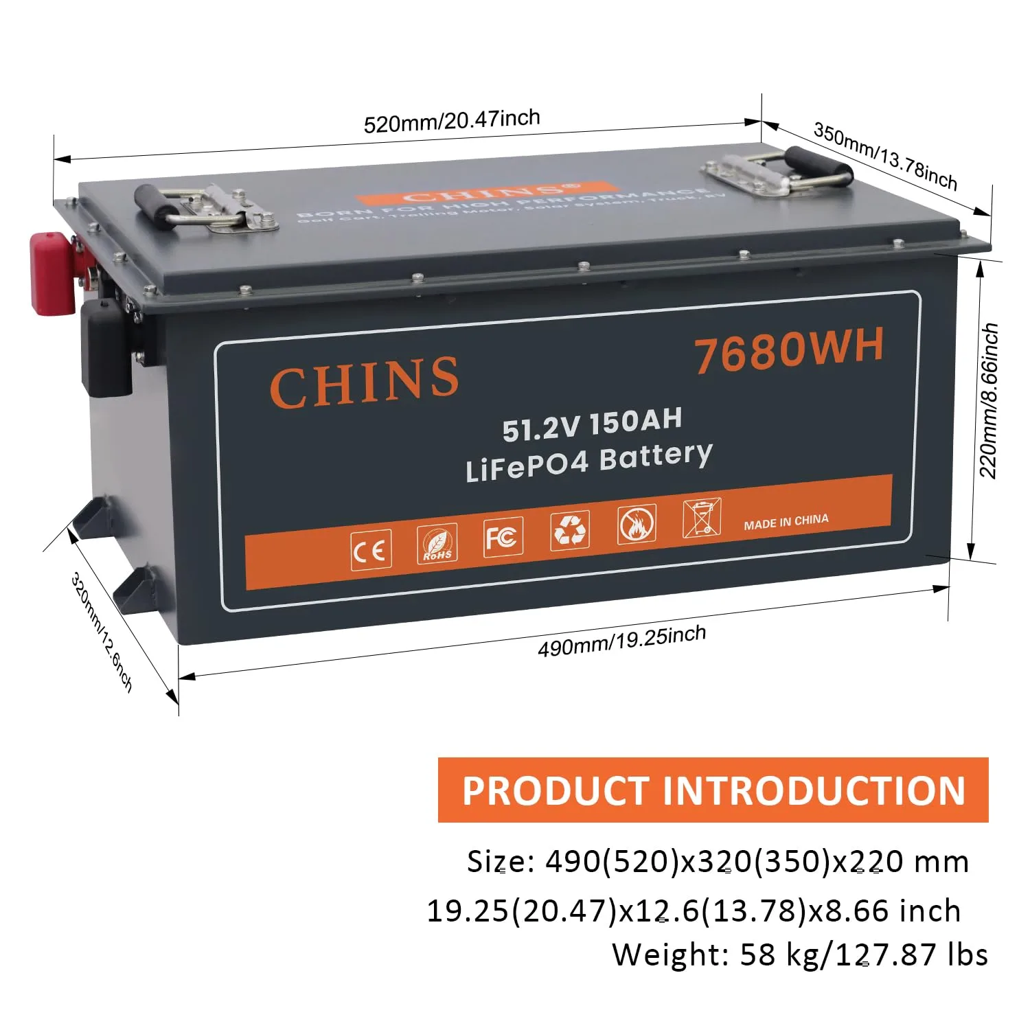 CHINS 48V 150Ah LiFePO4 Golf Cart Battery GC48150 with 18A Charger image 2