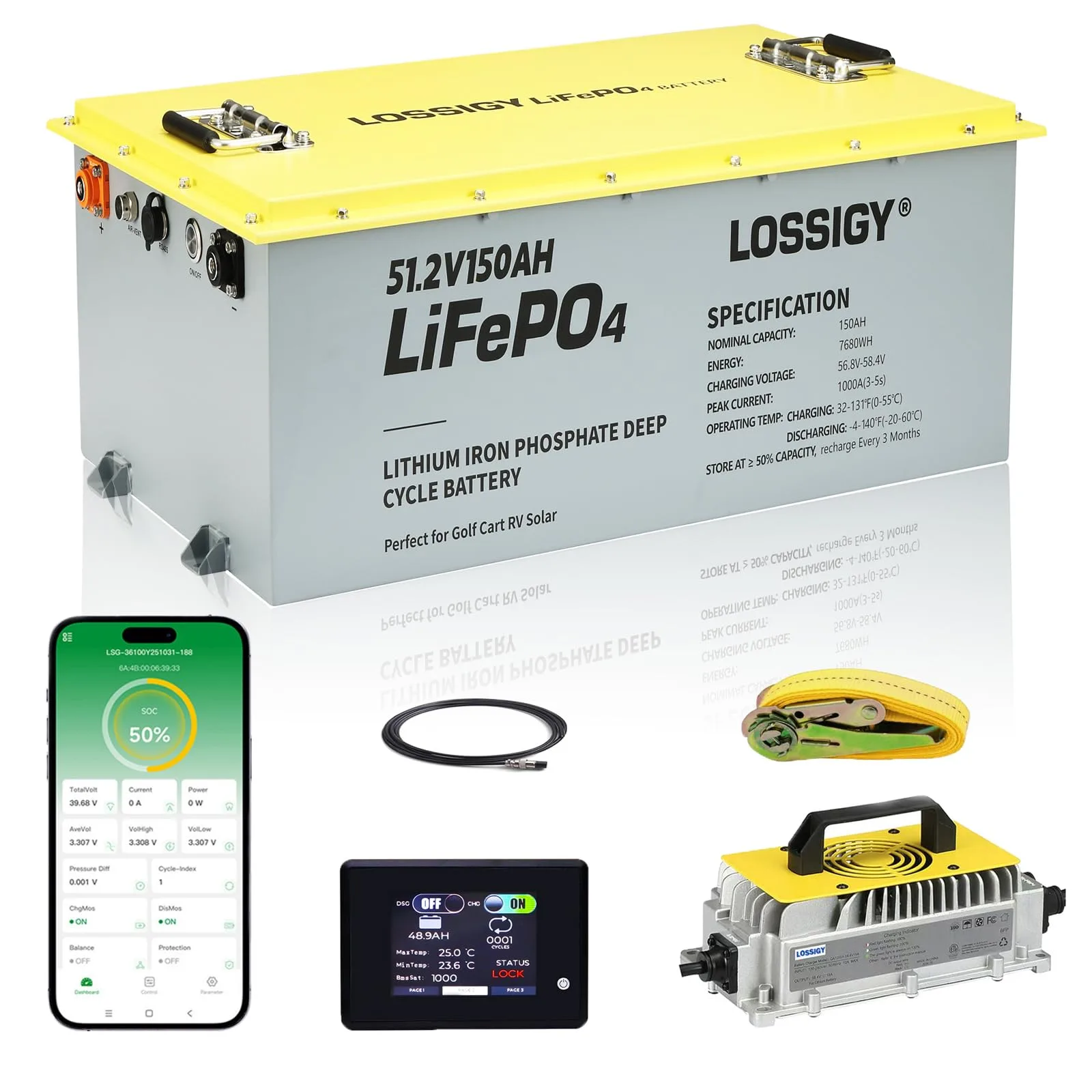 LOSSIGY 48V 150Ah LiFePO4 Golf Cart Battery Kit