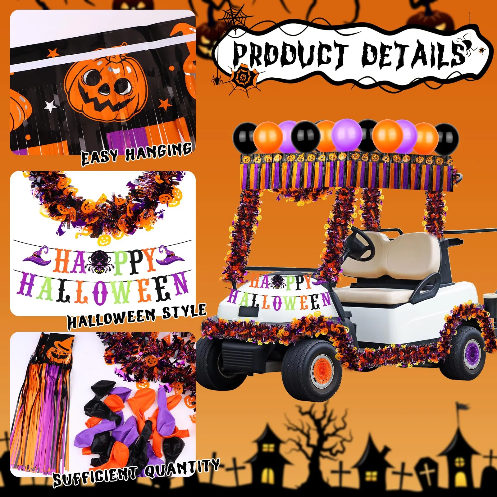 XEQWZVFR Halloween Golf Cart Decoration Kit – Banner, Lanterns, Balloons image 3