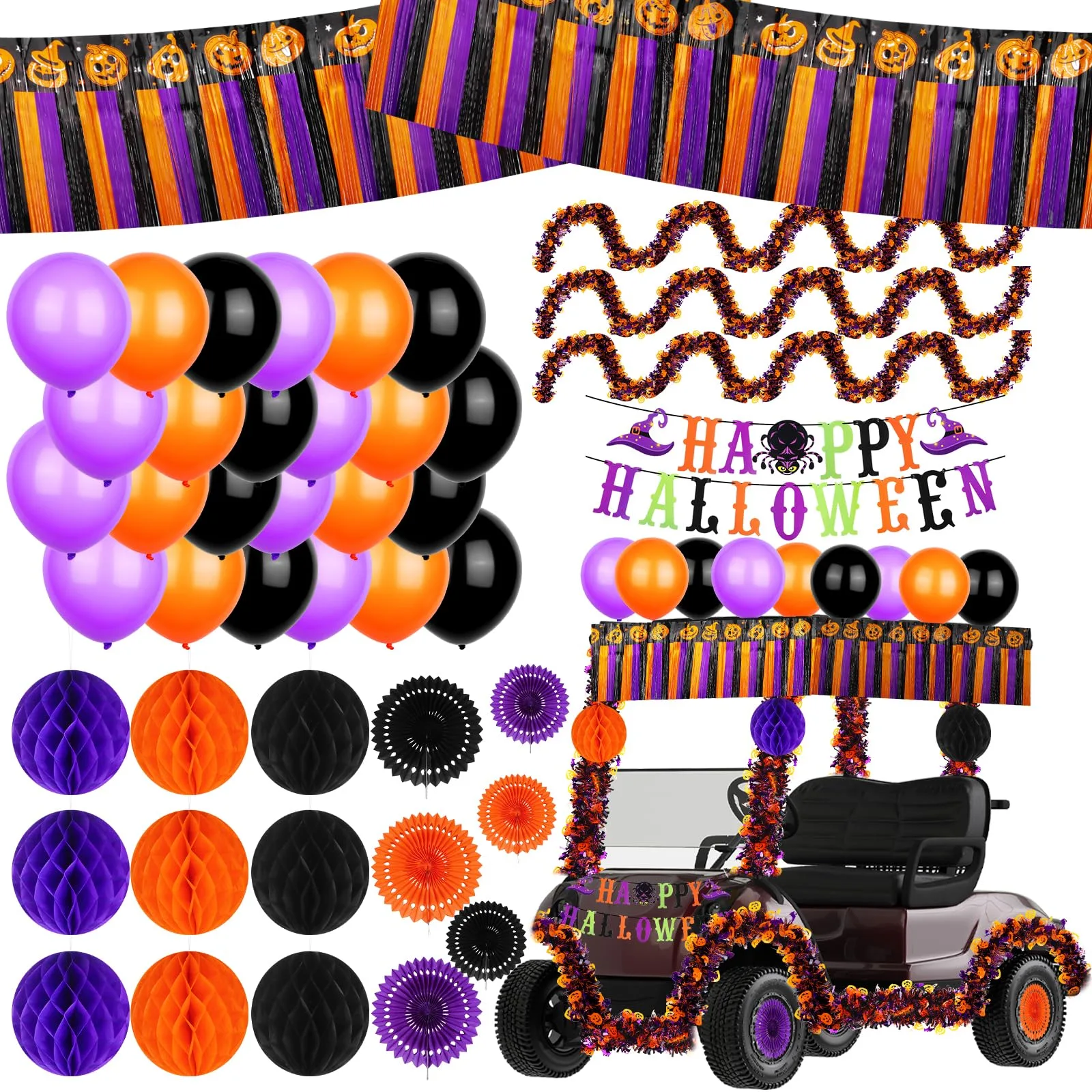 XEQWZVFR Halloween Golf Cart Decoration Kit – Banner, Lanterns, Balloons