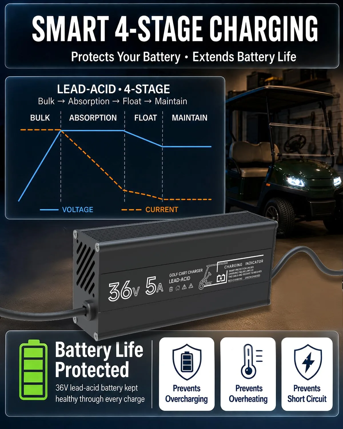 Rugaest 36V 5A Charger for E-Z-GO TXT D-Plug Carts image 4