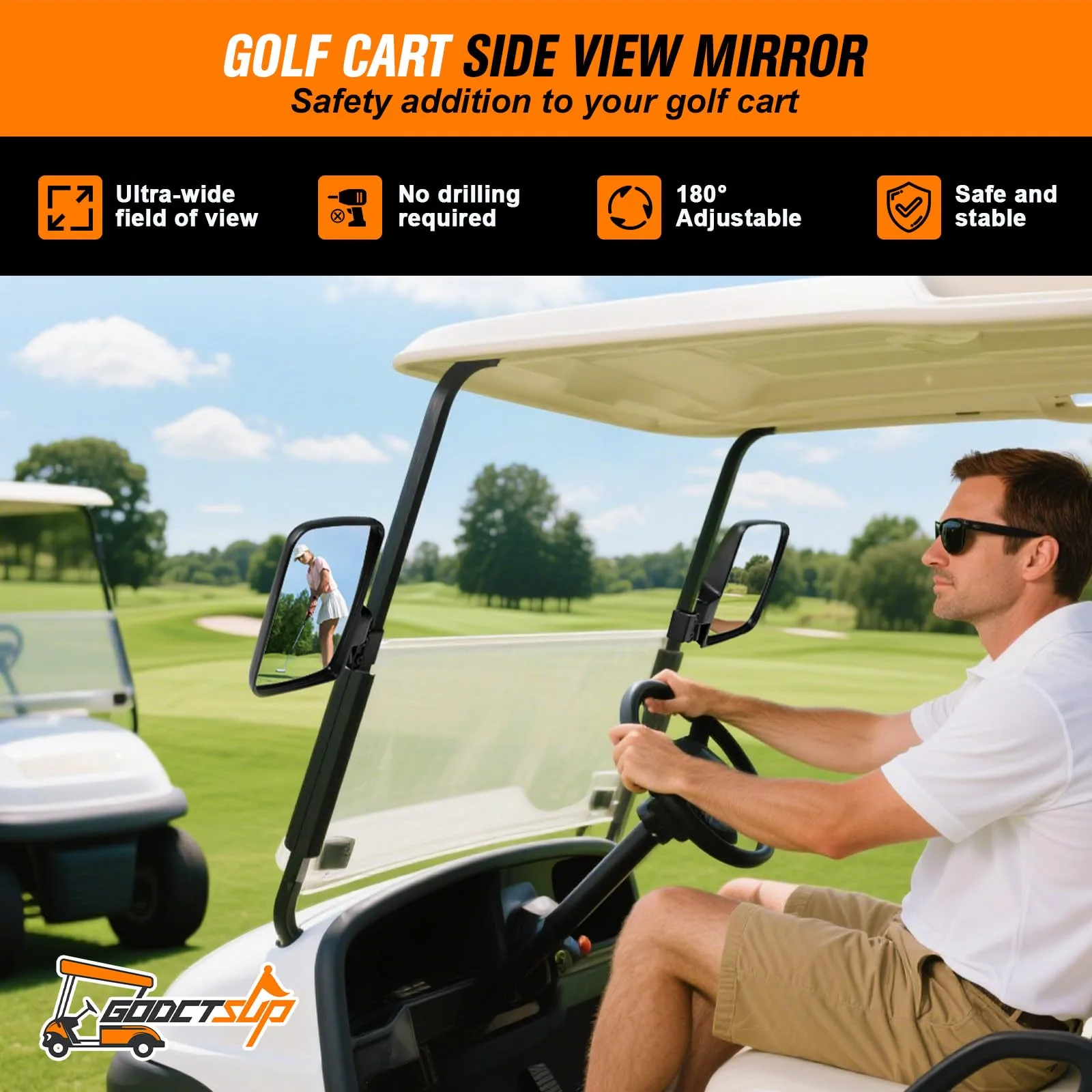 GODCTSUP Golf Cart Side Mirrors — Roof-Mount Clamps for Square Tube Brackets image 2