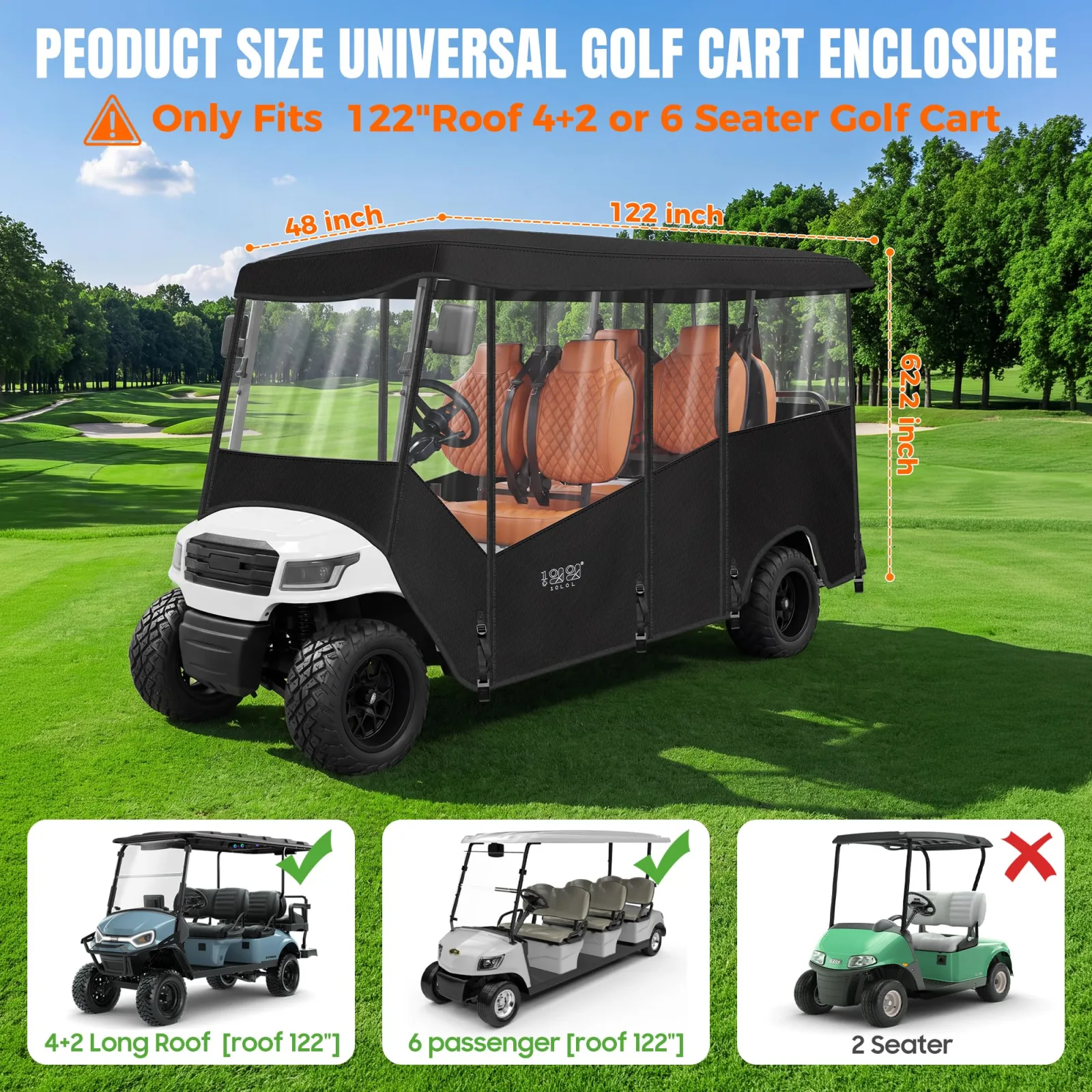 10L0L 6-Passenger Golf Cart Enclosure for Long-Roof Carts image 3