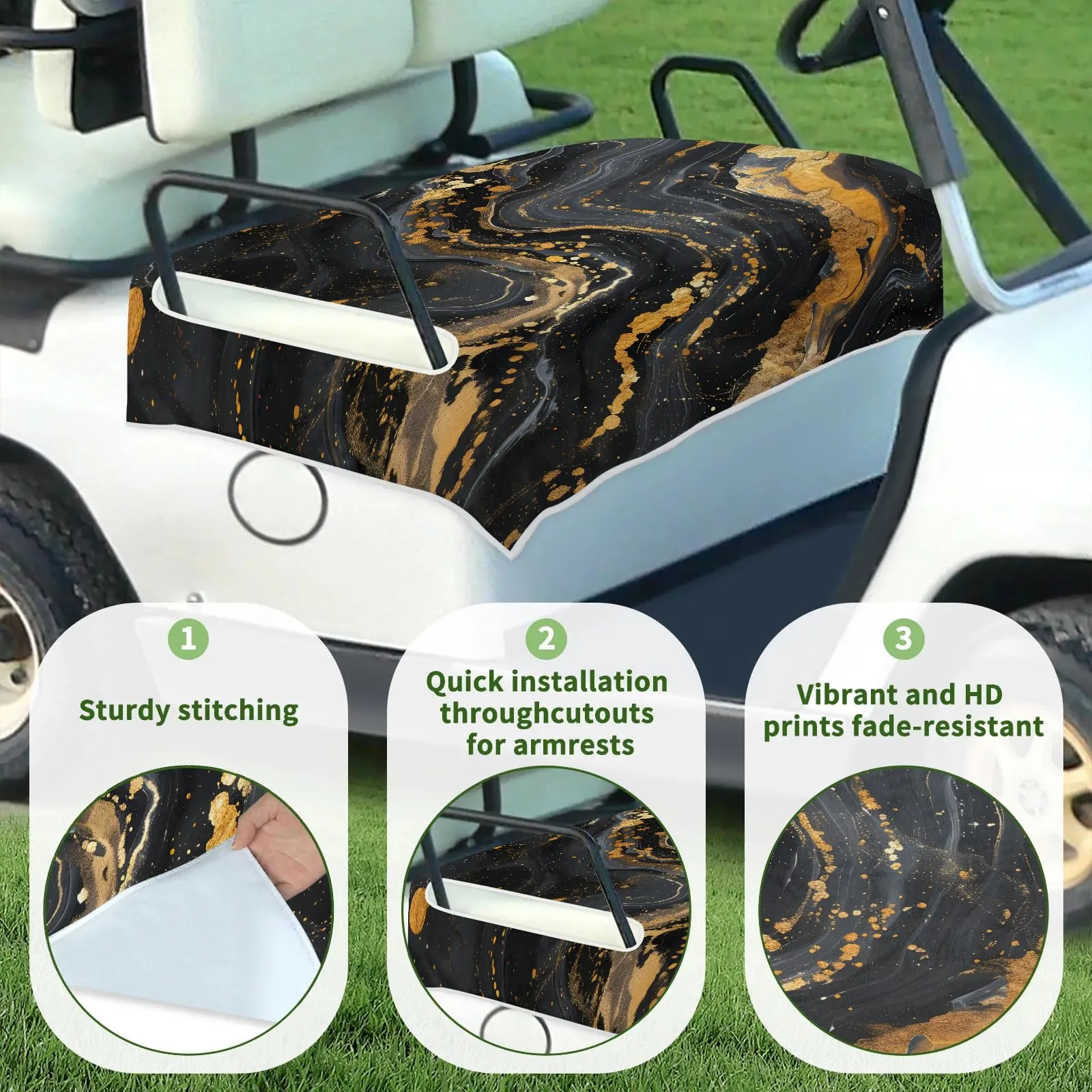 Tiveruda Black Marble Gold Golf Cart Seat Cover image 3