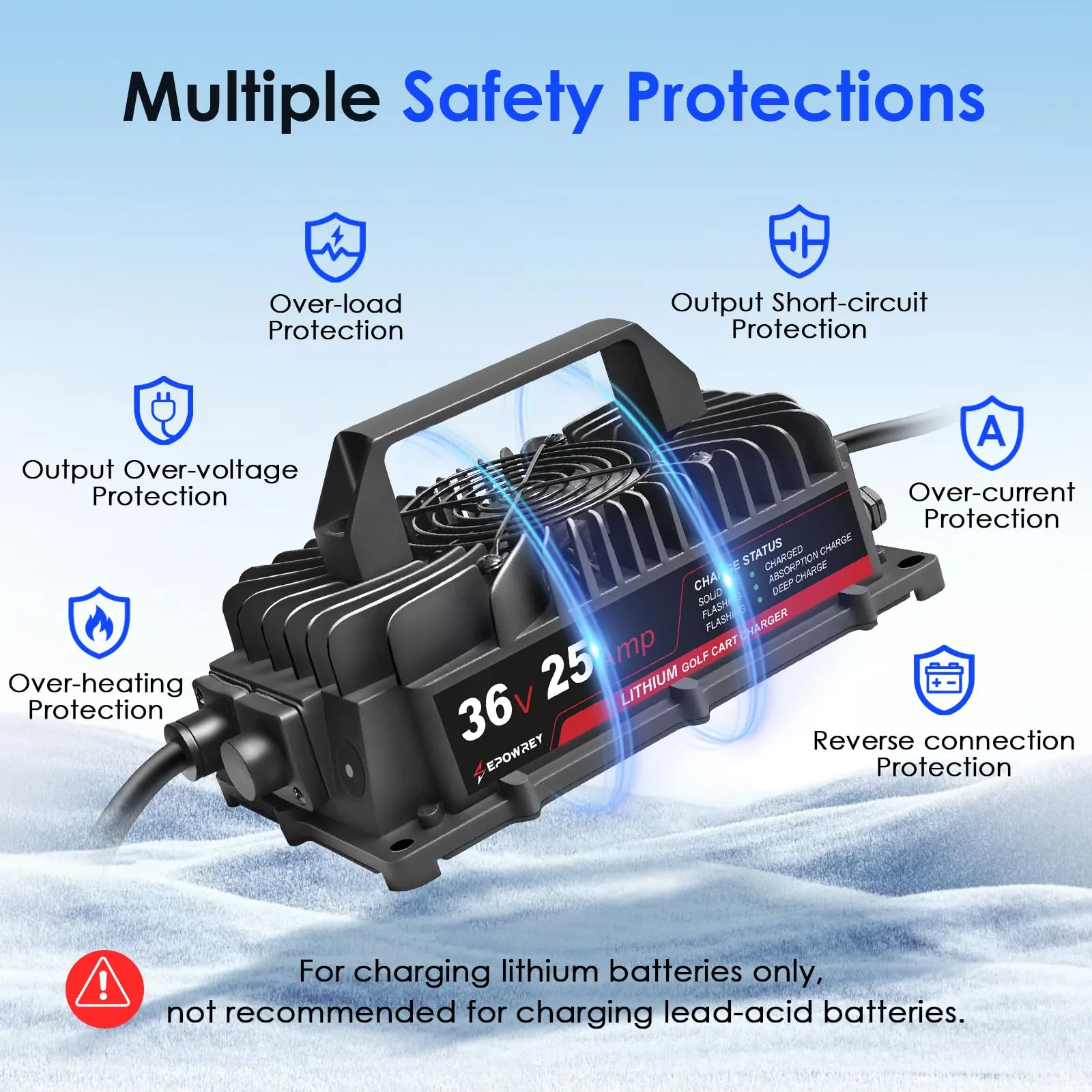EPOWREY 25A 36V LiFePO4 Golf Cart Battery Charger image 3