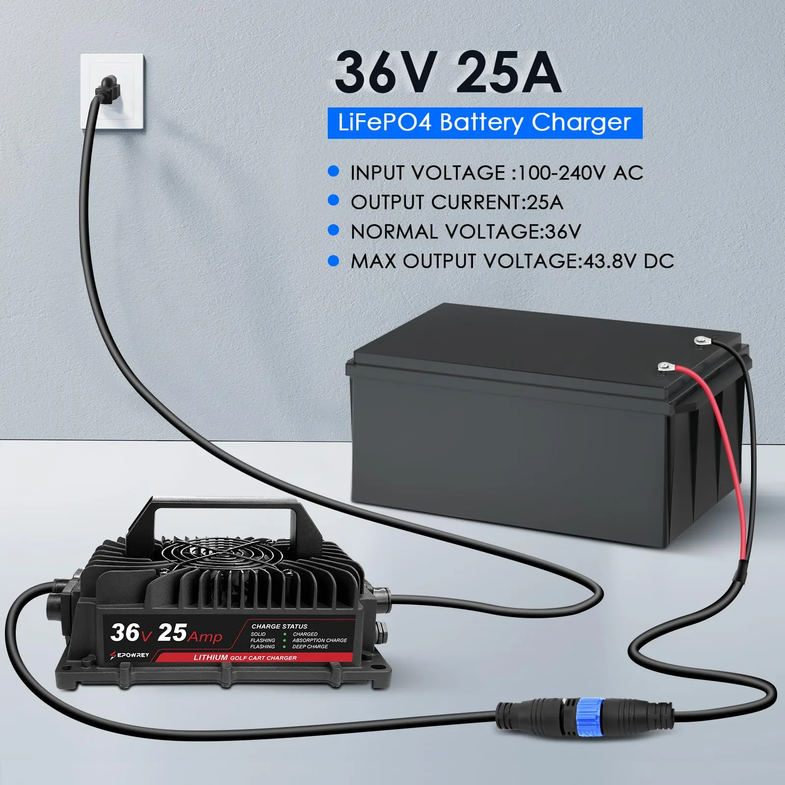 EPOWREY 25A 36V LiFePO4 Golf Cart Battery Charger image 4