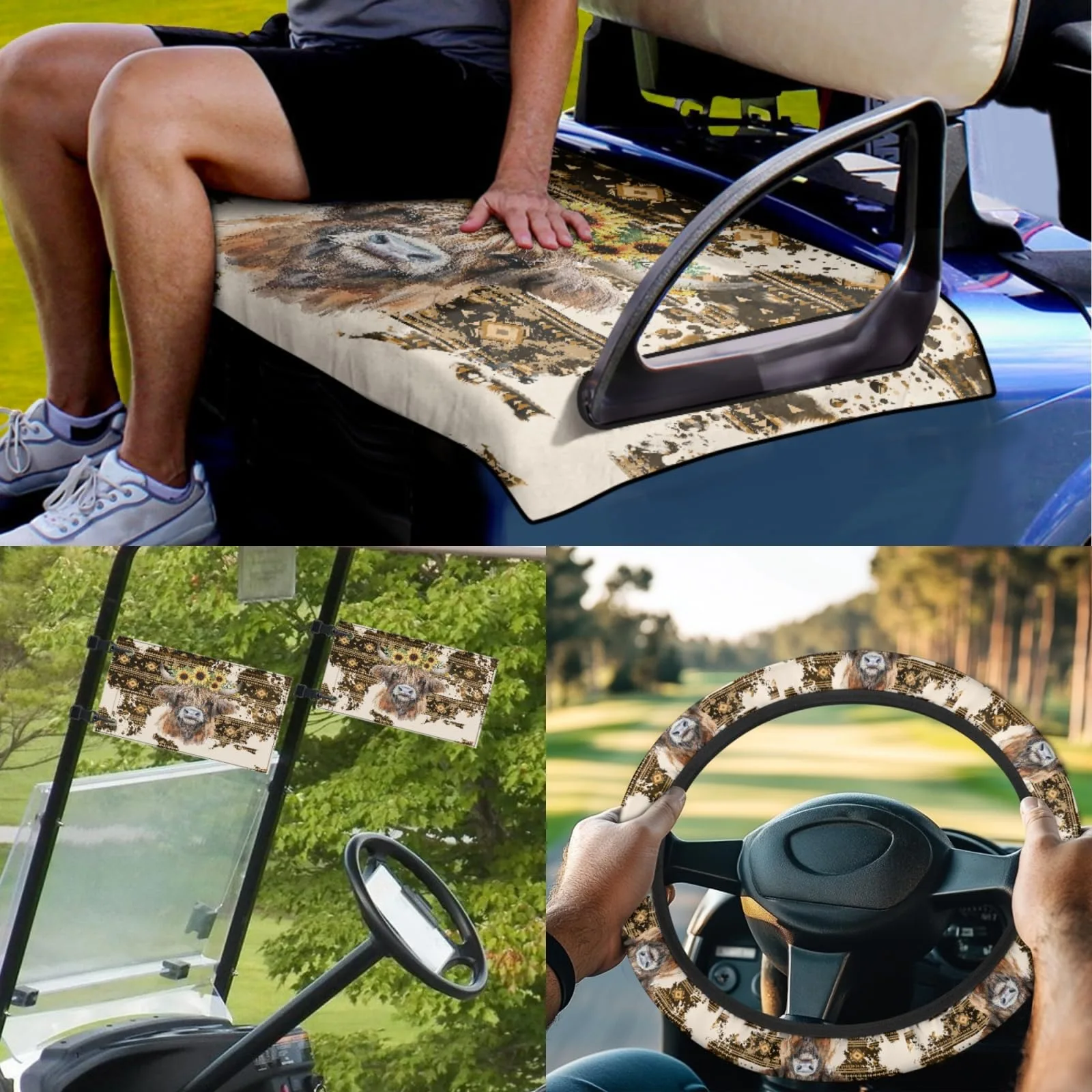INSTANTARTS Aztec Highland Cow Golf Cart Seat & Steering Wheel Cover Set P-CZ47+CZC7+CZC16x2-4-19 image 2