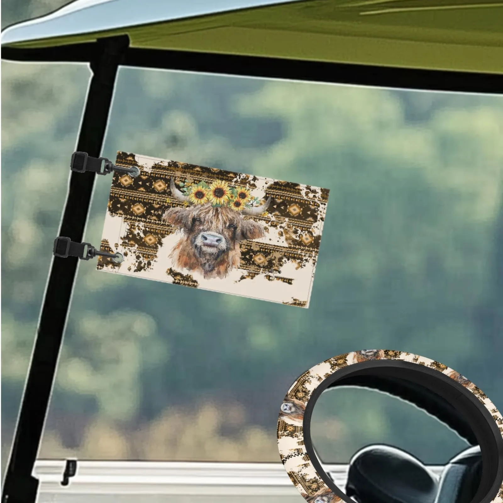 INSTANTARTS Aztec Highland Cow Golf Cart Seat & Steering Wheel Cover Set P-CZ47+CZC7+CZC16x2-4-19 image 3