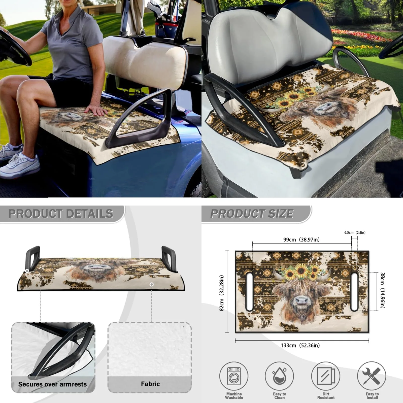 INSTANTARTS Aztec Highland Cow Golf Cart Seat & Steering Wheel Cover Set P-CZ47+CZC7+CZC16x2-4-19 image 4