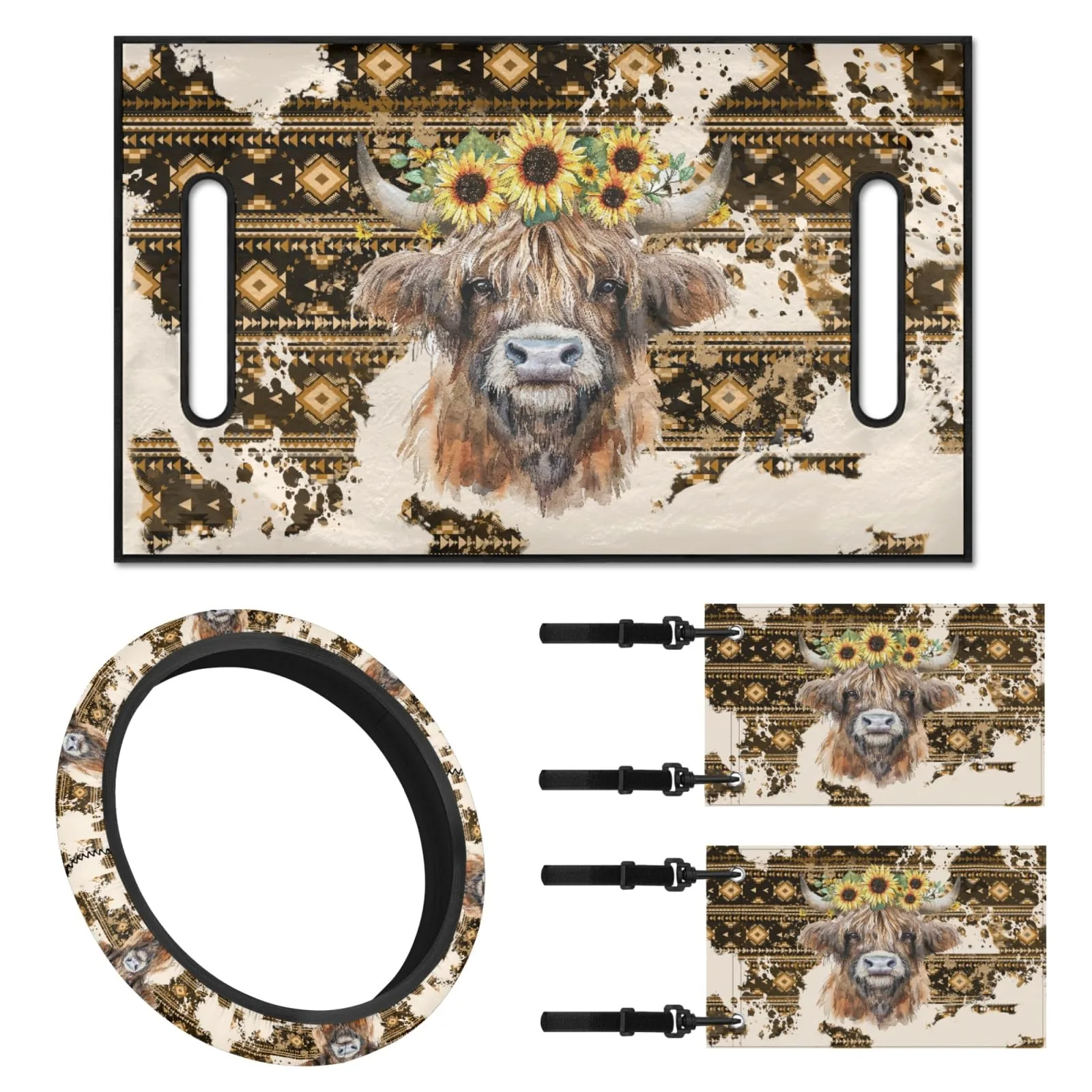INSTANTARTS Aztec Highland Cow Golf Cart Seat & Steering Wheel Cover Set P-CZ47+CZC7+CZC16x2-4-19