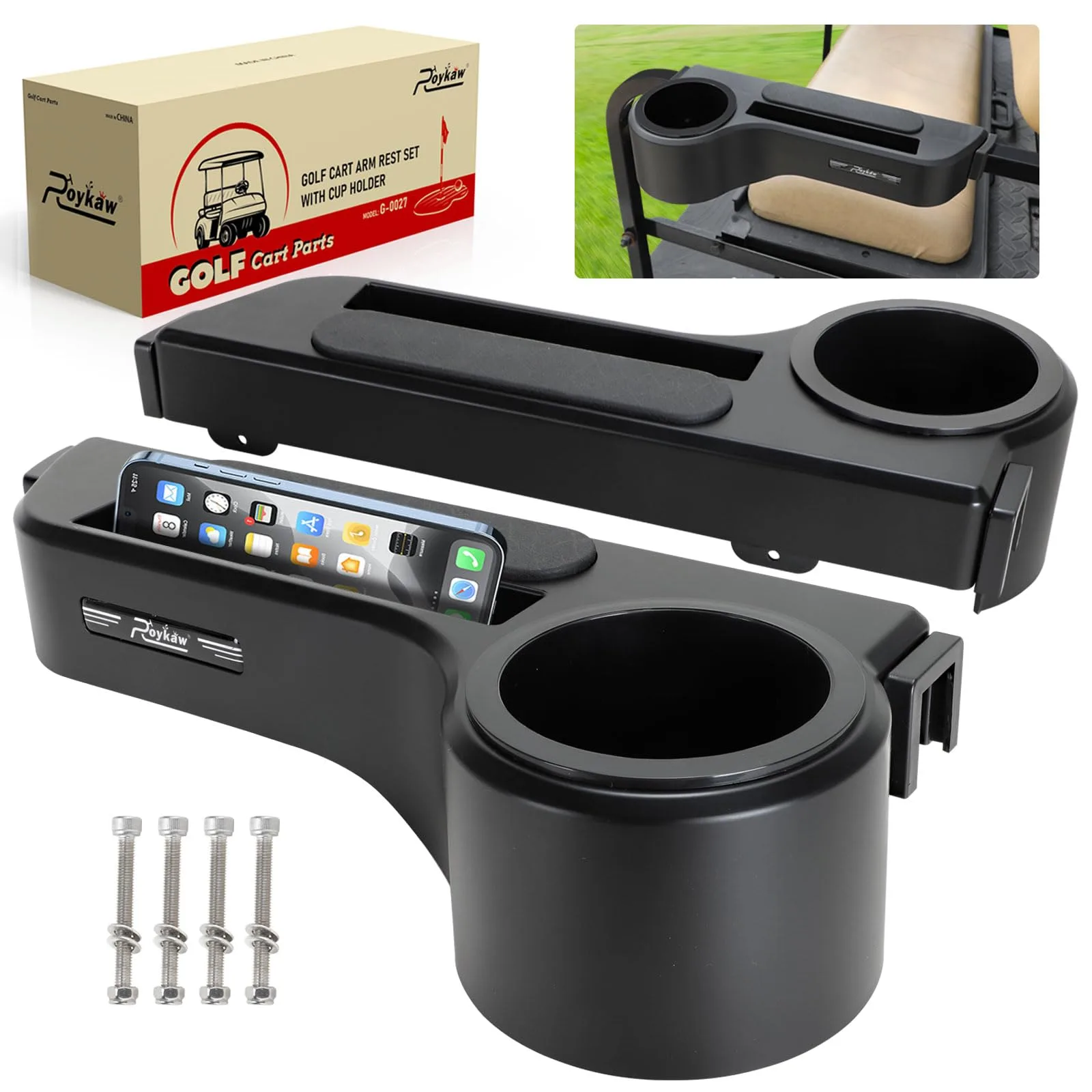 Roykaw Golf Cart Rear Seat Armrest with Cup Holder