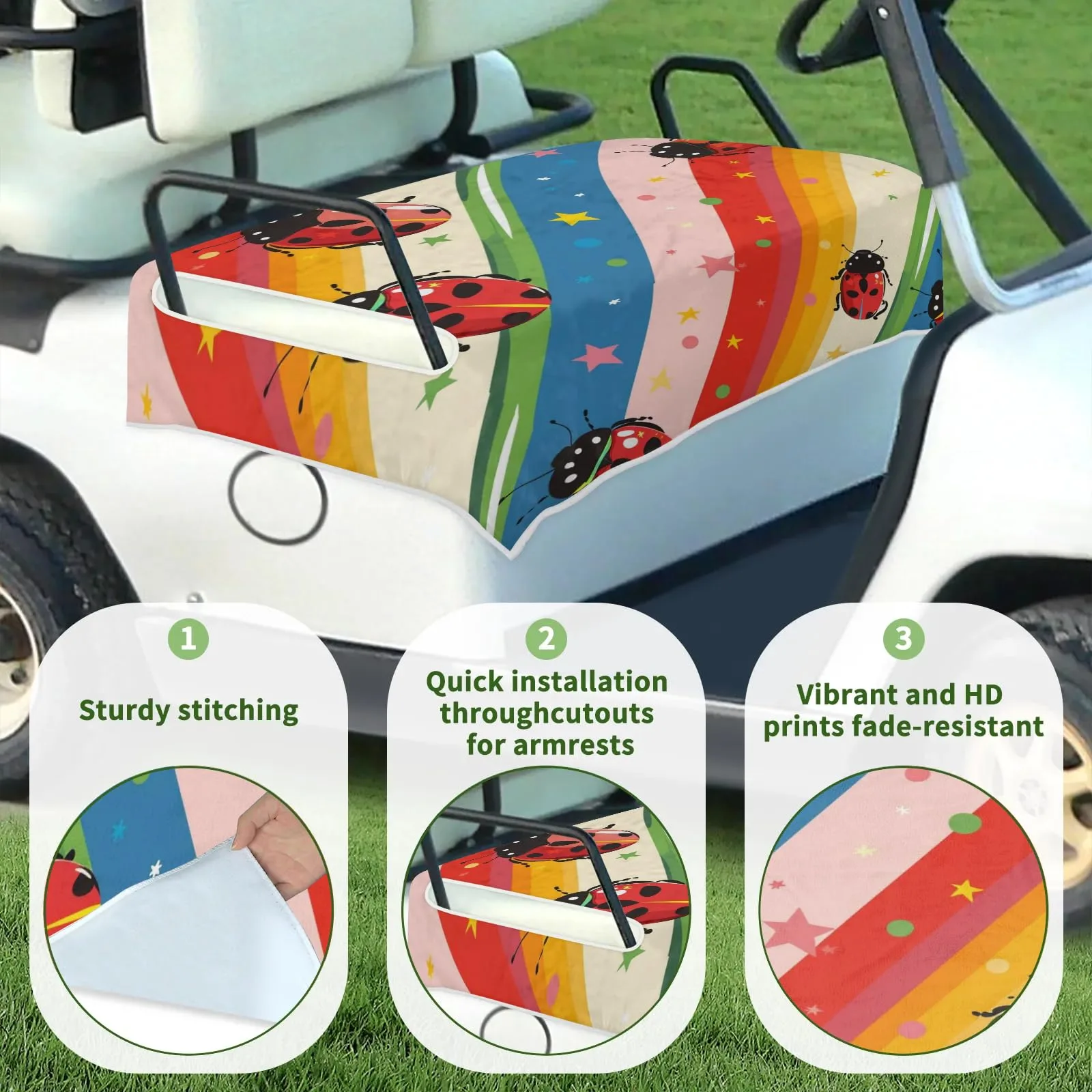 Tiveruda Rainbow Ladybug Golf Cart Seat Cover, 51 x 31 in image 3