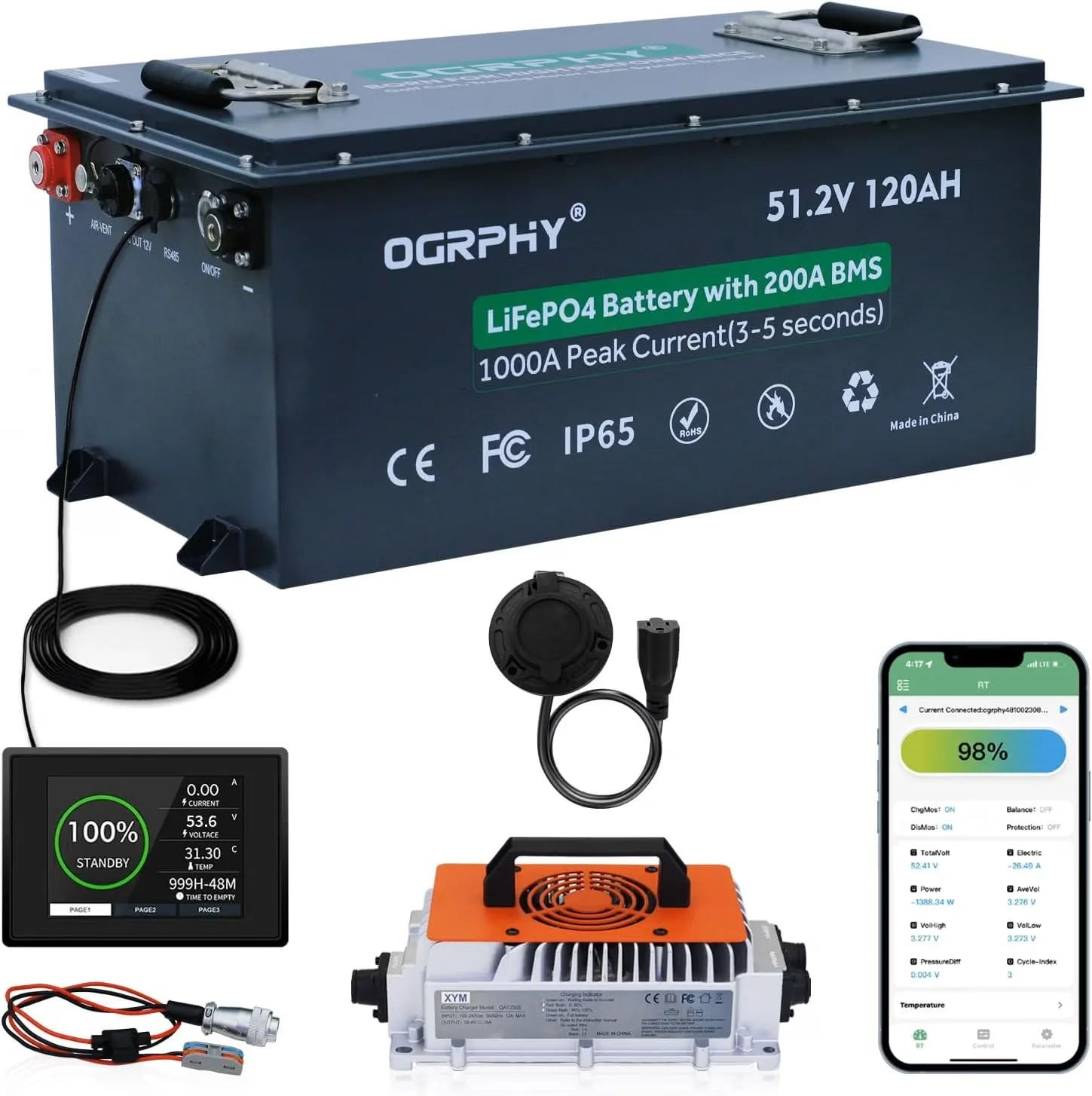 OGRPHY 48V 120Ah LiFePO4 Golf Cart Battery Kit