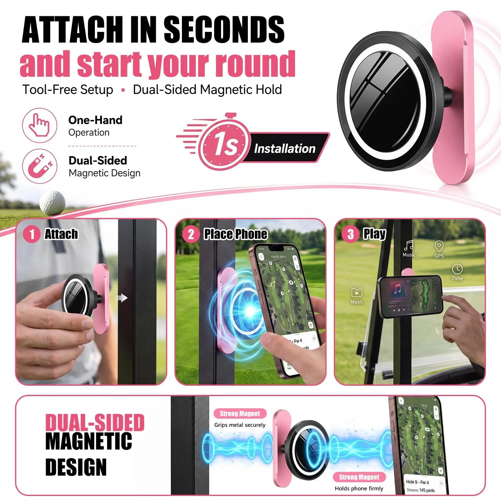 Saysurey Magnetic Rotatable Golf Cart Phone Holder FAS2519 (Pink) image 3