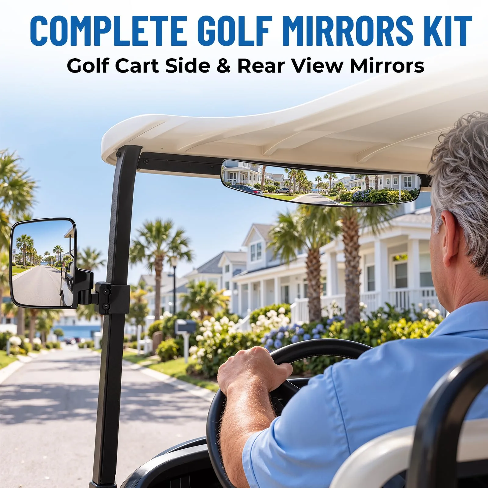 PCACSCT Universal Golf Cart Mirror Kit — 2 Side + Rear, No-Drill image 3