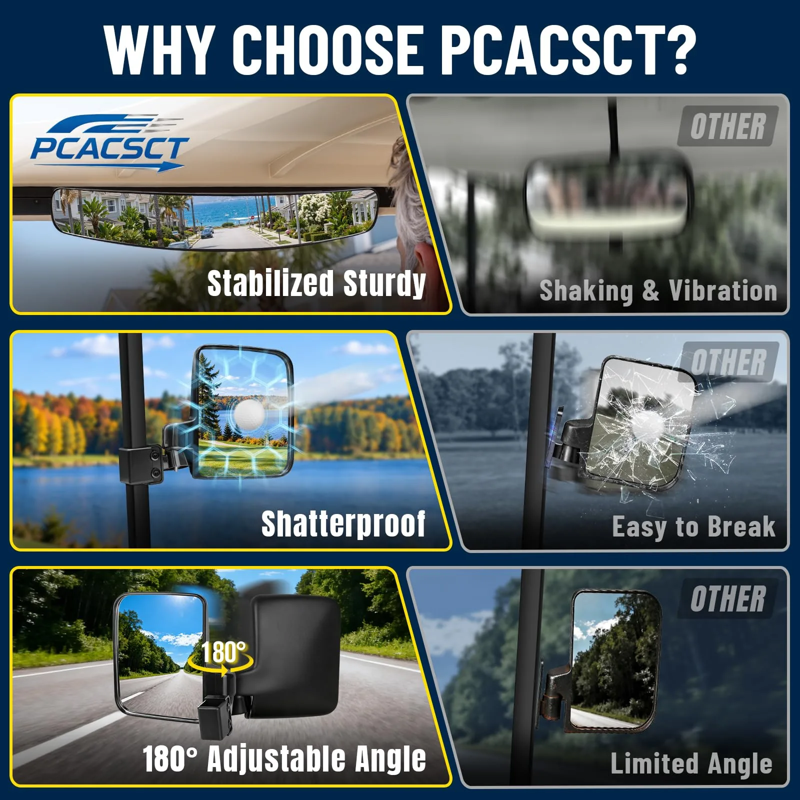 PCACSCT Universal Golf Cart Mirror Kit — 2 Side + Rear, No-Drill image 4