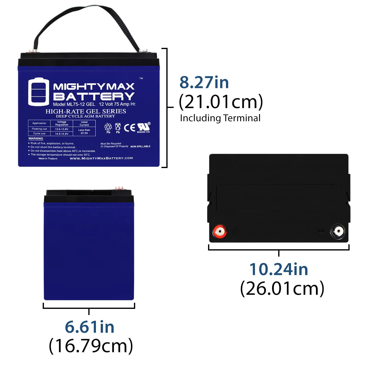 Mighty Max 12V 75Ah GEL Golf Cart Battery ML75-12GEL157 image 2