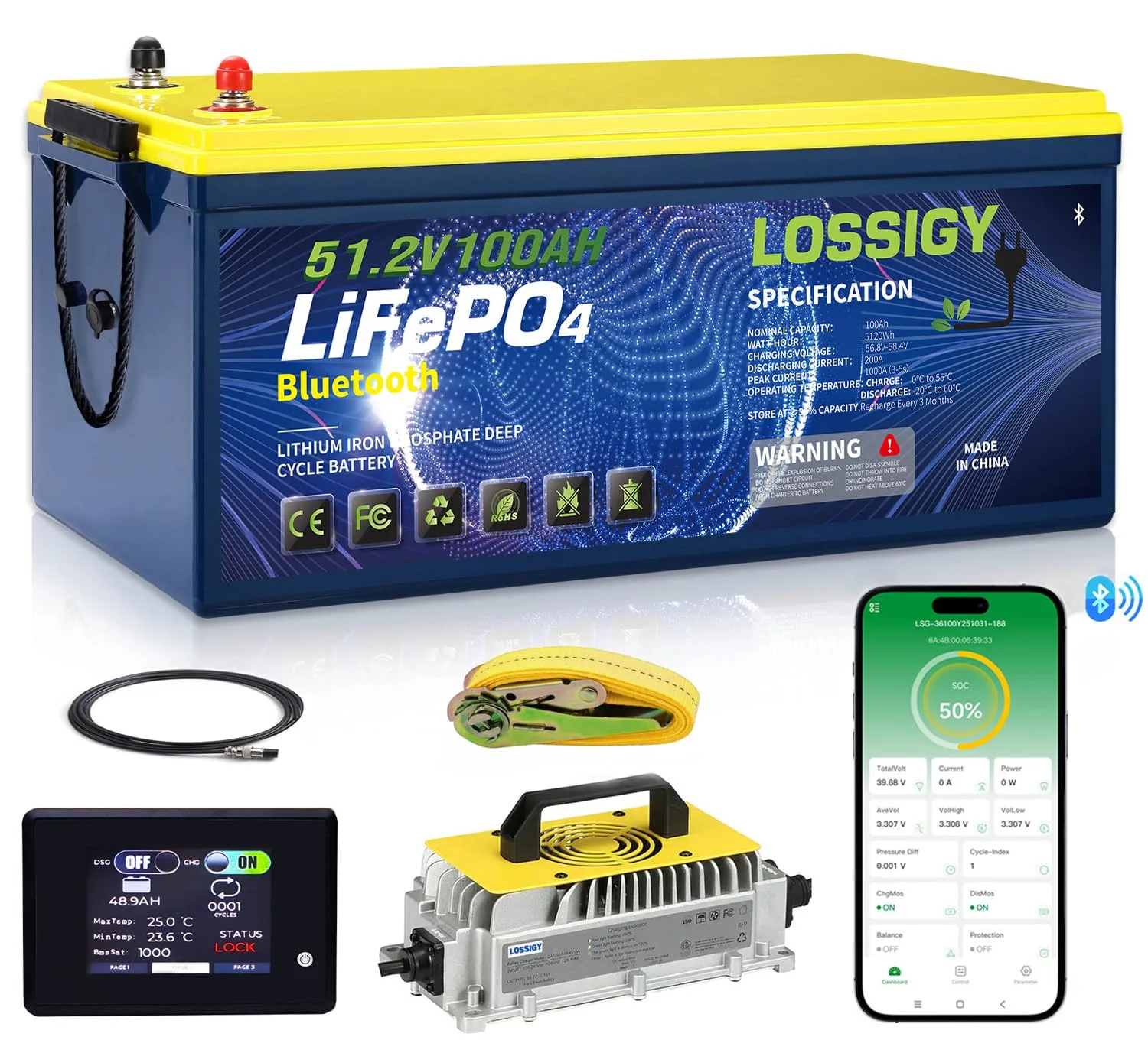 LOSSIGY 48V 100Ah Lithium Golf Cart Battery with Charger